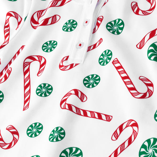Candy Canes red green Christmas winter pajamas jammies onesie matching knotted hat pajamas detail close up Petidoux 