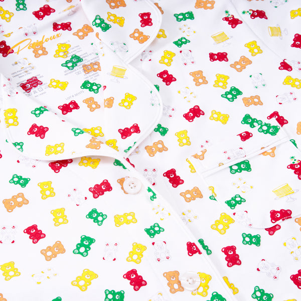 Gummy bear pajamas pjs women girls family match cotton chemical-free cute candies colorful party short sleeves close-up details Petidoux