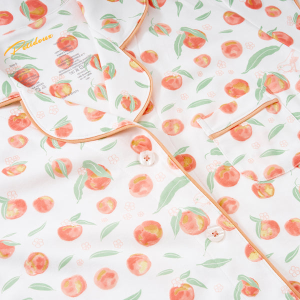 Summer peaches short sleeve fruit colorful best soft quality fave favorite cute nice peaches woman mom gift family set sweet loungewear petidoux two piece close-up details