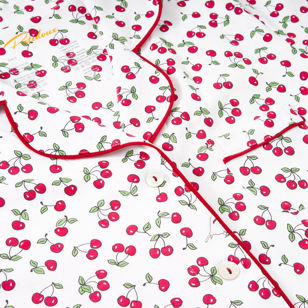Cherries cherry girls fruit summer colorful cute favorite gift present family petidoux set pjs loungewear pajamas woman le temps des cerises close-up details