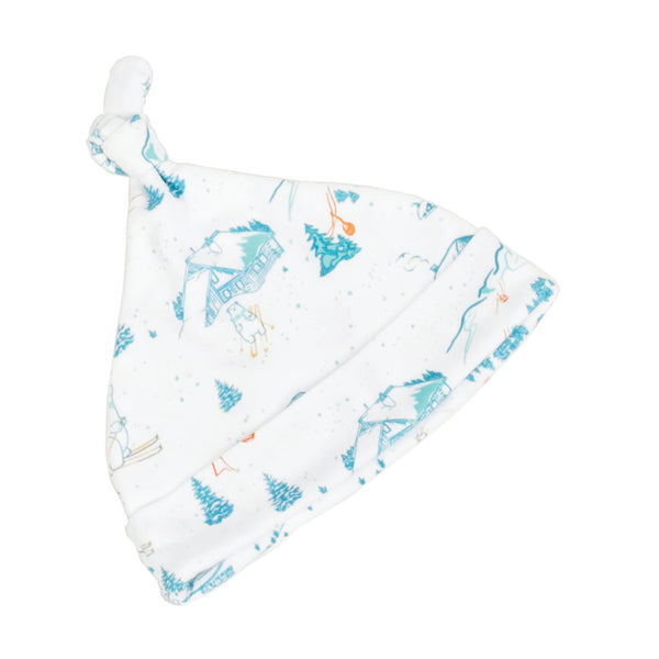 Onesie and hat baby chalet trees skii bear winter pjs pajamas long sleeves close-up hat Petidoux 