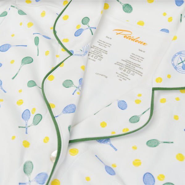 Tennis woman pajamas set tennis racquets tennis balls classic set piping detail close-up Petidoux 