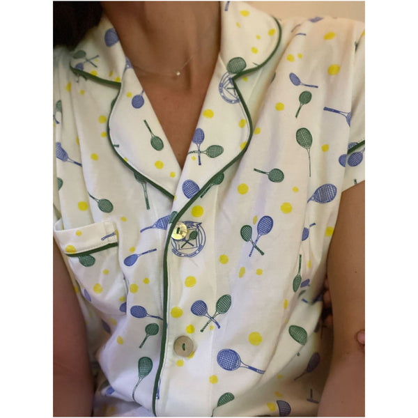 Tennis woman pajamas wimbledon roland garros set tennis racquets tennis balls classic set piping detail Petidoux 